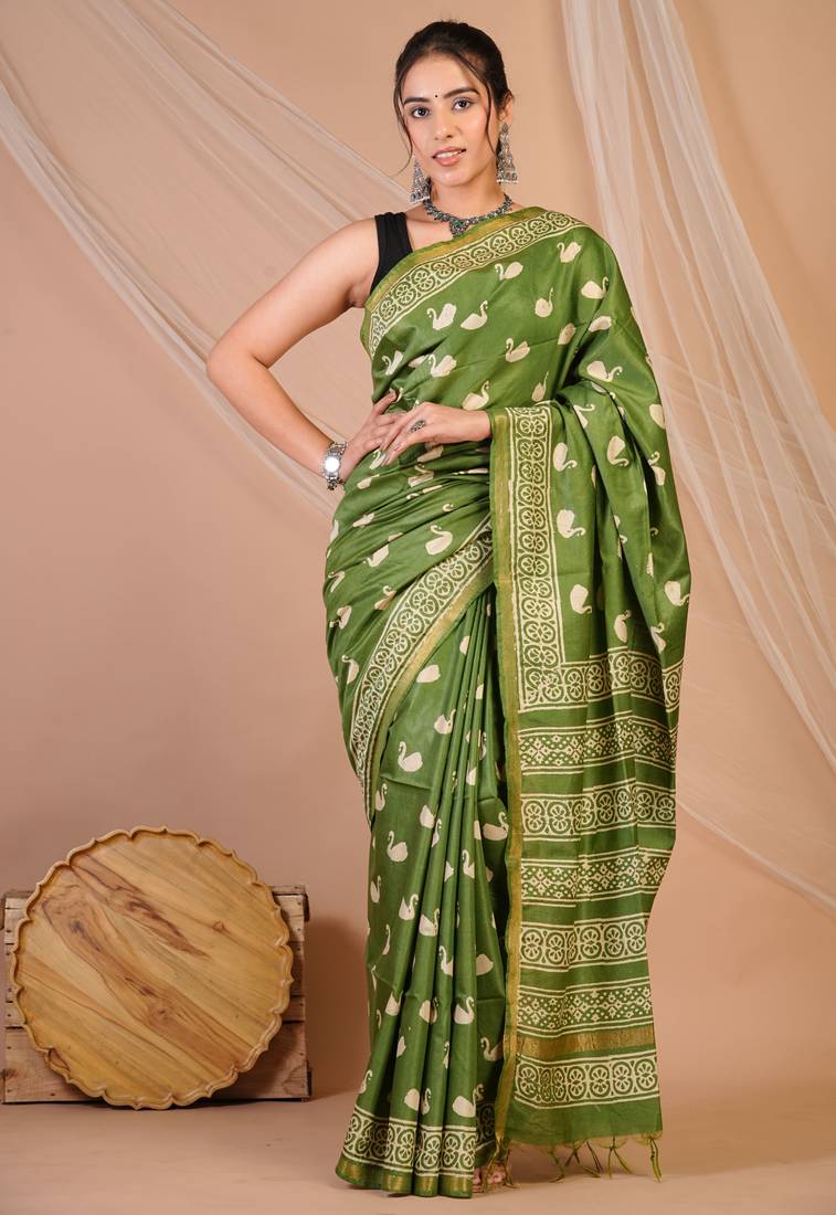 dark green zari work cotton silk blend bhagalpuri ethnic saree with unstitched blouse