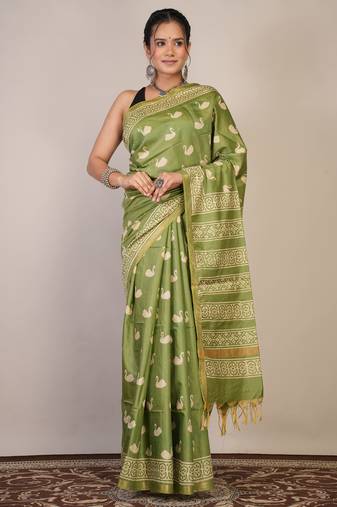 light green zari work cotton silk blend bhagalpuri ethnic saree with unstitched blouse