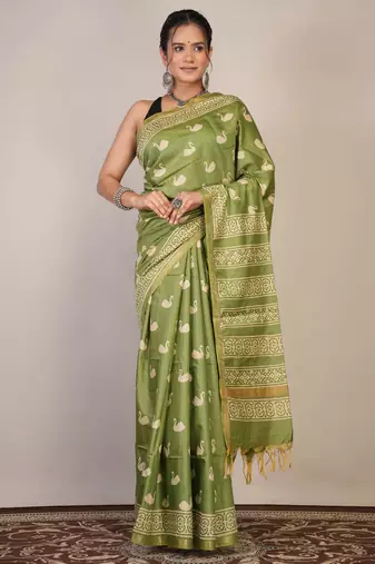 light green zari work cotton silk blend bhagalpuri ethnic saree with unstitched blouse