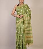 light green zari work cotton silk blend bhagalpuri ethnic saree with unstitched blouse
