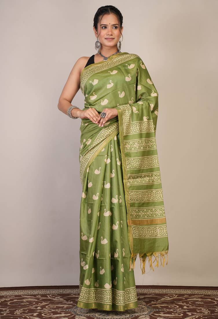 light green zari work cotton silk blend bhagalpuri ethnic saree with unstitched blouse