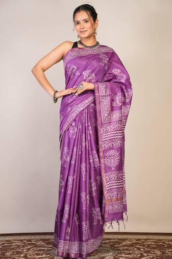 violet zari work cotton silk blend bhagalpuri ethnic saree with unstitched blouse