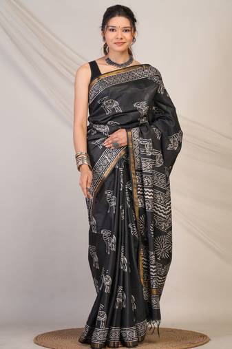 black zari work cotton silk blend bhagalpuri ethnic saree with unstitched blouse