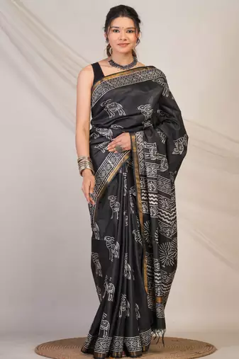 black zari work cotton silk blend bhagalpuri ethnic saree with unstitched blouse