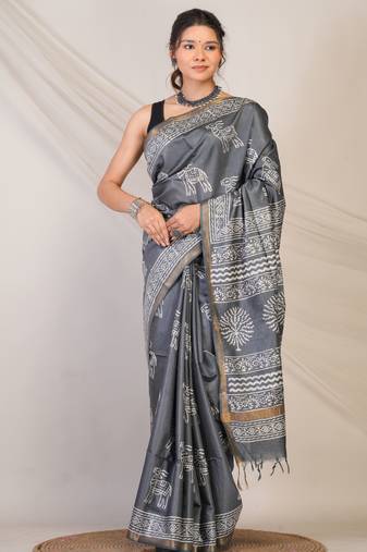 grey zari work cotton silk blend bhagalpuri ethnic saree with unstitched blouse