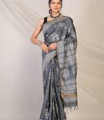 grey zari work cotton silk blend bhagalpuri ethnic saree with unstitched blouse