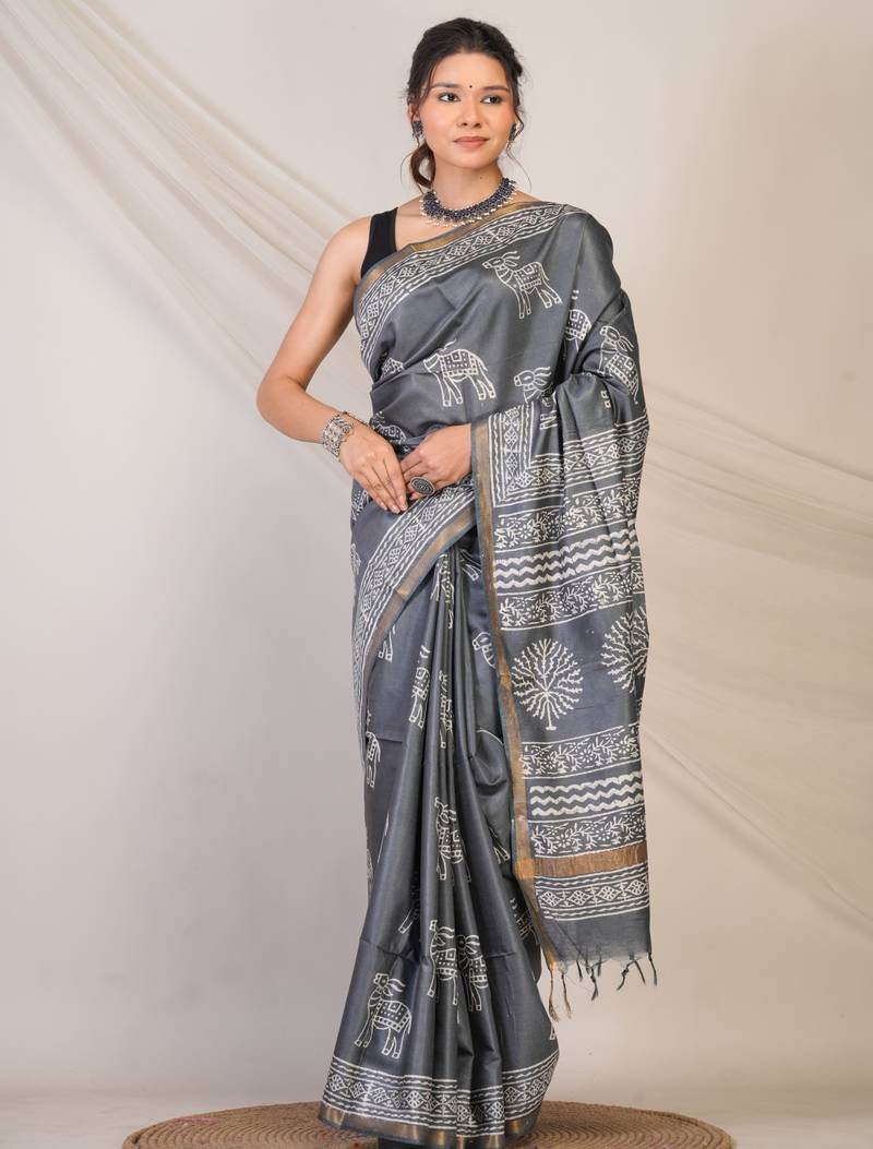 grey zari work cotton silk blend bhagalpuri ethnic saree with unstitched blouse