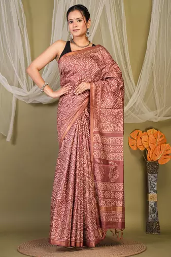 brown zari work cotton silk blend bhagalpuri ethnic saree with unstitched blouse
