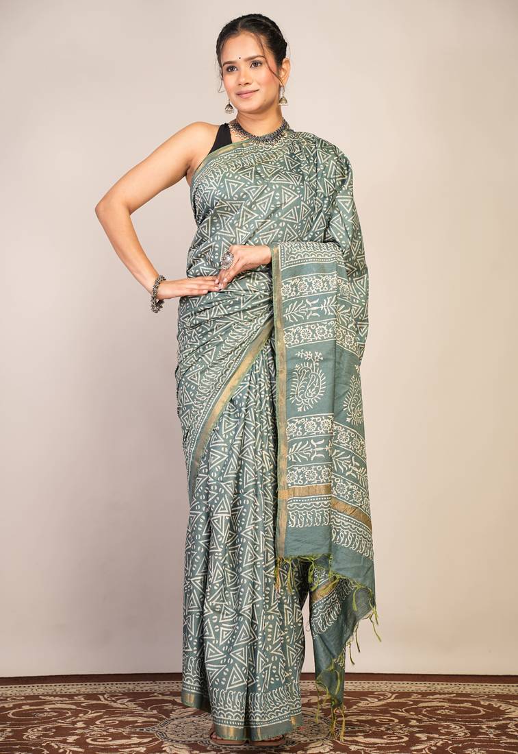 teal green zari work cotton silk blend bhagalpuri ethnic saree with unstitched blouse