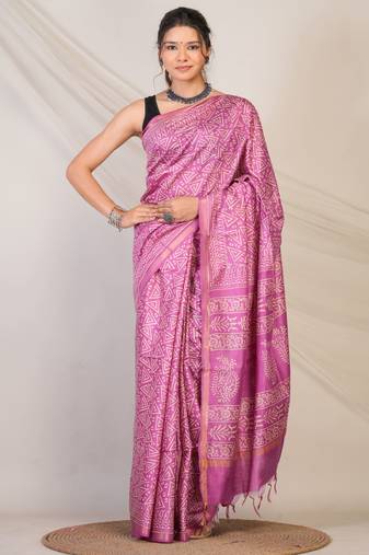 purple zari work cotton silk blend bhagalpuri ethnic saree with unstitched blouse