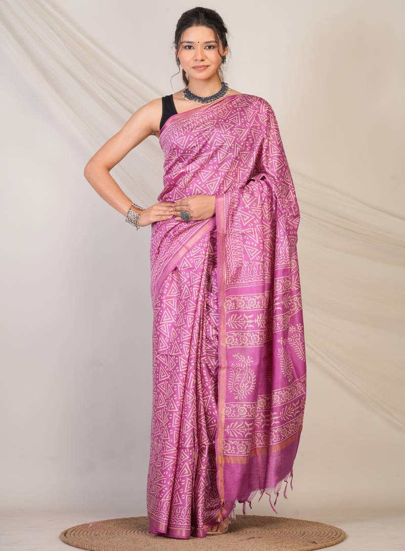 purple zari work cotton silk blend bhagalpuri ethnic saree with unstitched blouse