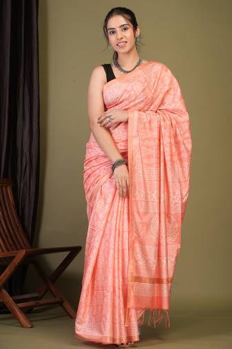 peach zari work cotton silk blend bhagalpuri ethnic saree with unstitched blouse
