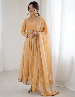 Beige Embroidered Silk Festive Wear Gown With Dupatta 1