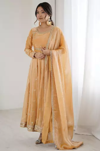 Beige Embroidered Silk Festive Wear Gown With Dupatta
