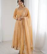Beige Embroidered Silk Festive Wear Gown With Dupatta