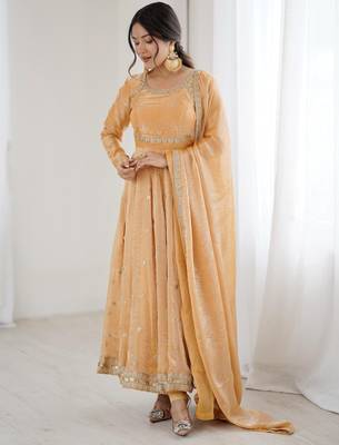 Beige Embroidered Silk Festive Wear Gown With Dupatta 2