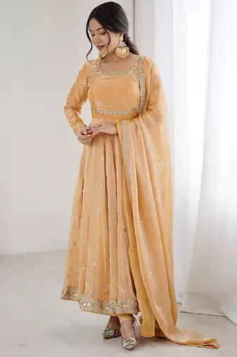 Beige Embroidered Silk Festive Wear Gown With Dupatta