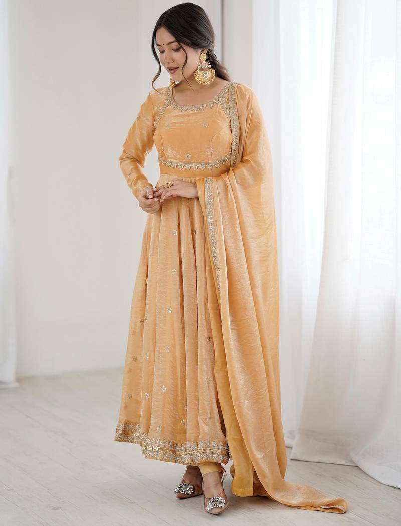Beige Embroidered Silk Festive Wear Gown With Dupatta