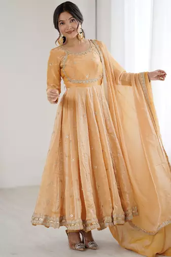 Beige Embroidered Silk Festive Wear Gown With Dupatta