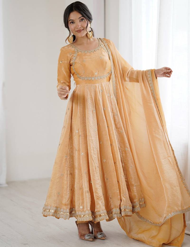 Beige Embroidered Silk Festive Wear Gown With Dupatta