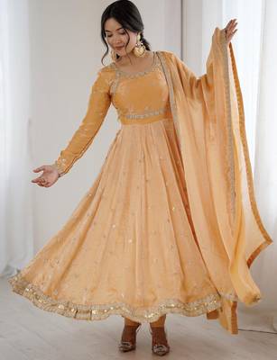 Beige Embroidered Silk Festive Wear Gown With Dupatta 4