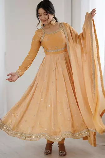 Beige Embroidered Silk Festive Wear Gown With Dupatta