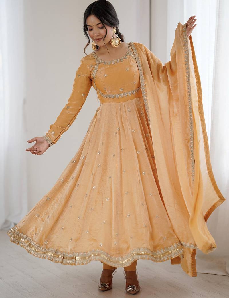Beige Embroidered Silk Festive Wear Gown With Dupatta