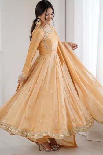 Beige Embroidered Silk Festive Wear Gown With Dupatta