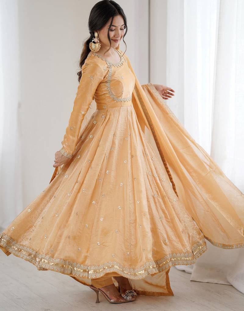 Beige Embroidered Silk Festive Wear Gown With Dupatta