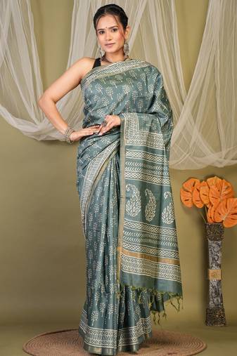 teal green zari work cotton silk blend bhagalpuri ethnic saree with unstitched blouse