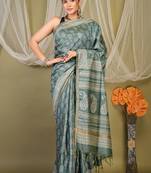 teal green zari work cotton silk blend bhagalpuri ethnic saree with unstitched blouse