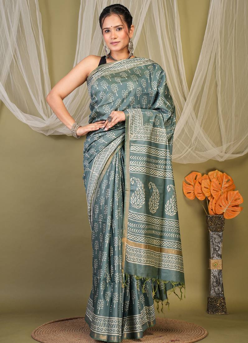 teal green zari work cotton silk blend bhagalpuri ethnic saree with unstitched blouse