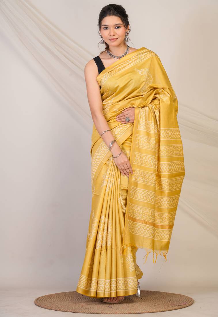 Yellow zari work cotton silk blend bhagalpuri ethnic saree with unstitched blouse