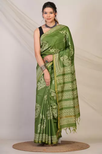 green zari work cotton silk blend bhagalpuri ethnic saree with unstitched blouse
