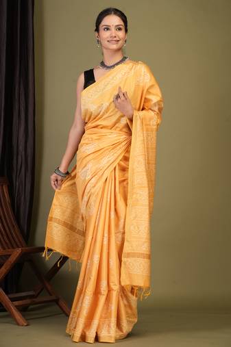 yellow zari work cotton silk blend bhagalpuri ethnic saree with unstitched blouse