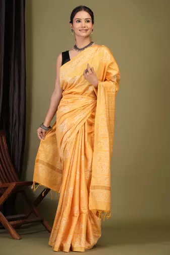 yellow zari work cotton silk blend bhagalpuri ethnic saree with unstitched blouse