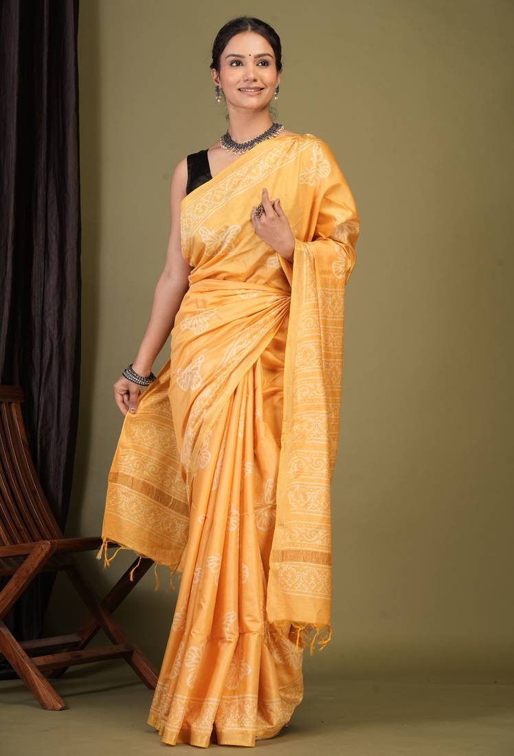 yellow zari work cotton silk blend bhagalpuri ethnic saree with unstitched blouse