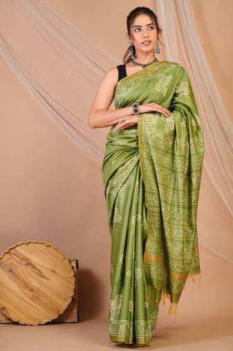 green zari work cotton silk blend bhagalpuri ethnic saree with unstitched blouse