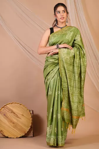 green zari work cotton silk blend bhagalpuri ethnic saree with unstitched blouse
