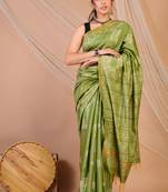 green zari work cotton silk blend bhagalpuri ethnic saree with unstitched blouse