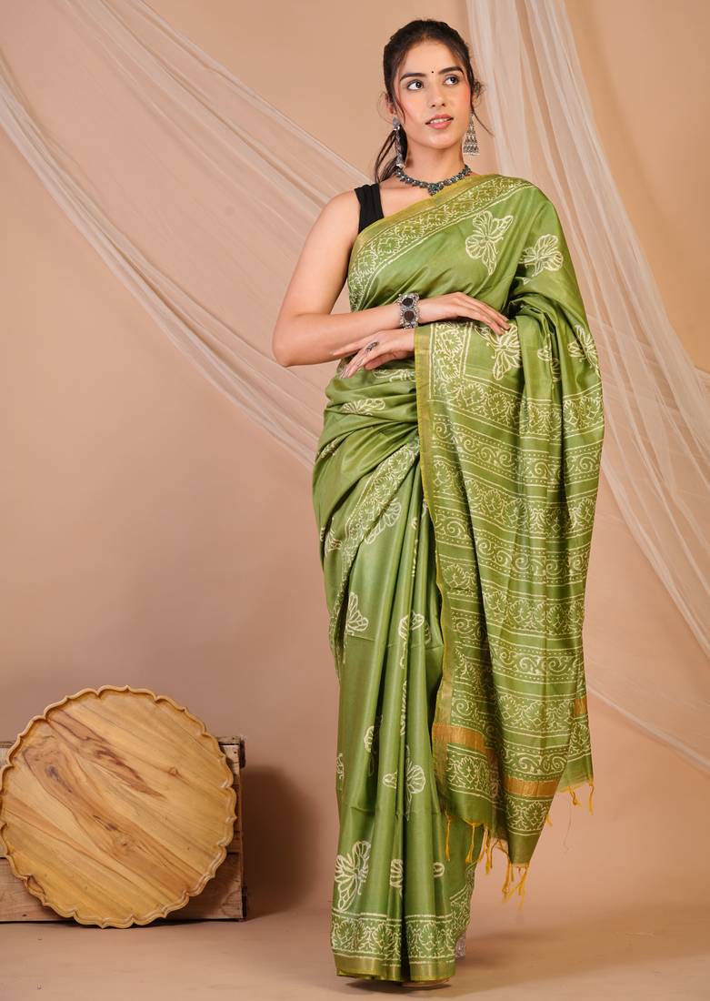 green zari work cotton silk blend bhagalpuri ethnic saree with unstitched blouse