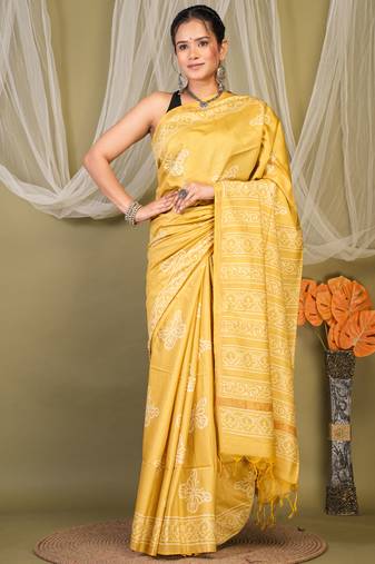 Yellow zari work cotton silk blend bhagalpuri ethnic saree with unstitched blouse