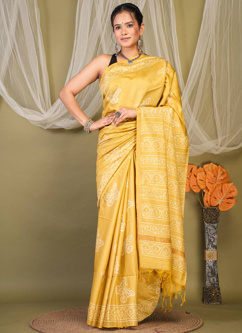 Yellow zari work cotton silk blend bhagalpuri ethnic saree with unstitched blouse