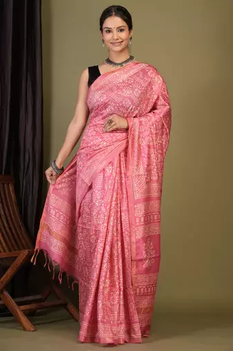 light pink zari work cotton silk blend bhagalpuri ethnic saree with unstitched blouse