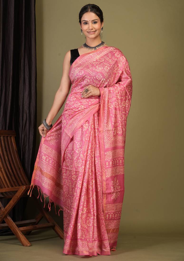 light pink zari work cotton silk blend bhagalpuri ethnic saree with unstitched blouse