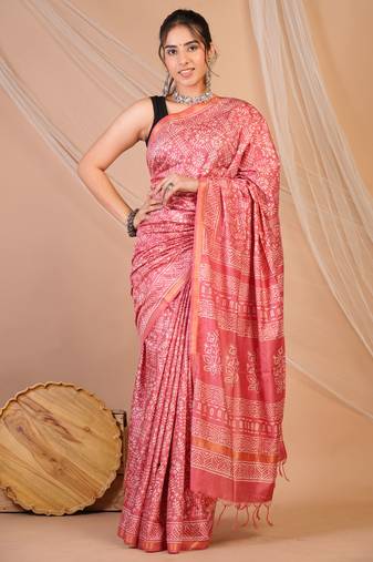 rouge pink zari work cotton silk blend bhagalpuri ethnic saree with unstitched blouse