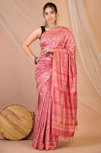 rouge pink zari work cotton silk blend bhagalpuri ethnic saree with unstitched blouse