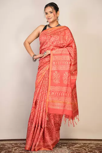 red zari work cotton silk blend bhagalpuri ethnic saree with unstitched blouse