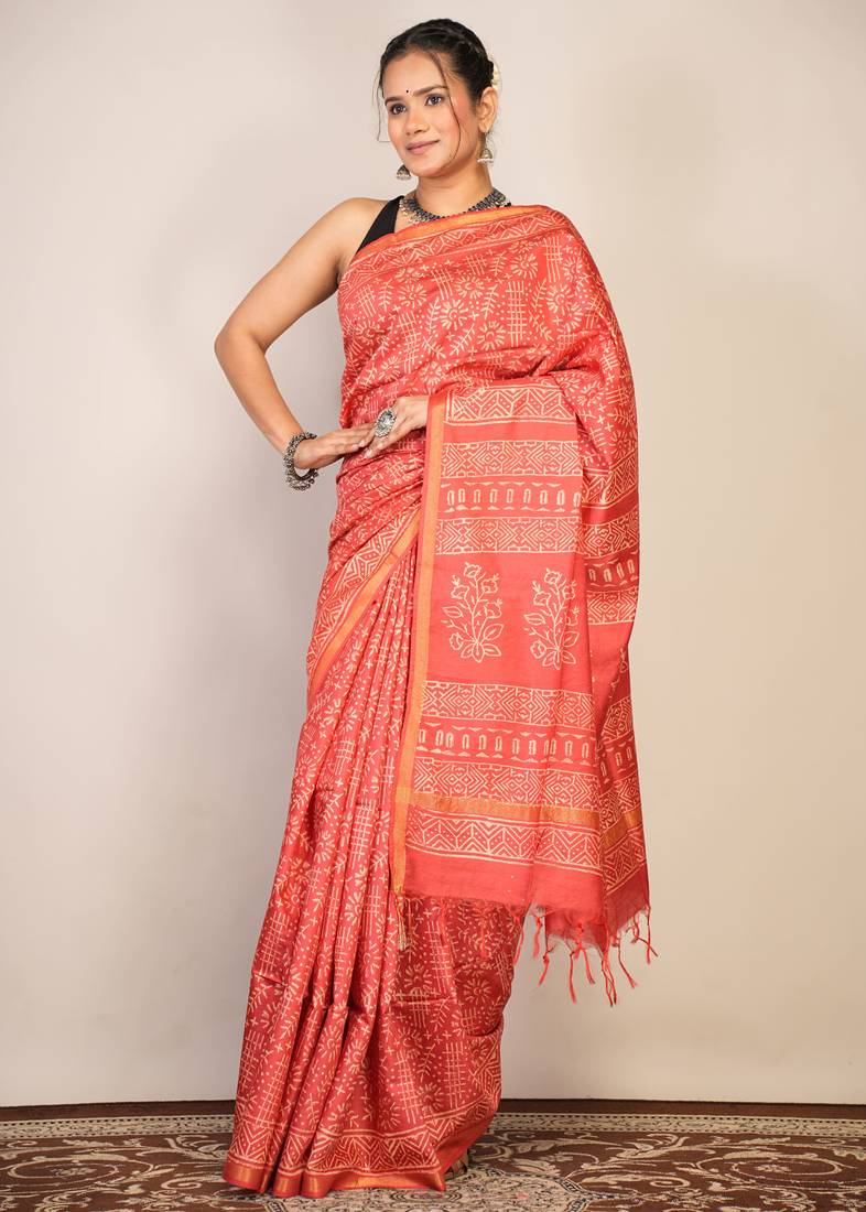 red zari work cotton silk blend bhagalpuri ethnic saree with unstitched blouse