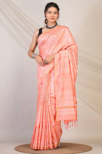 peach zari work cotton silk blend bhagalpuri ethnic saree with unstitched blouse